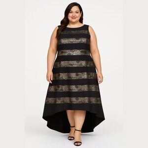 Adrianna Papell Black Silver Lace Mikado Striped Sleeveless Hi Lo Dress 22W Gown